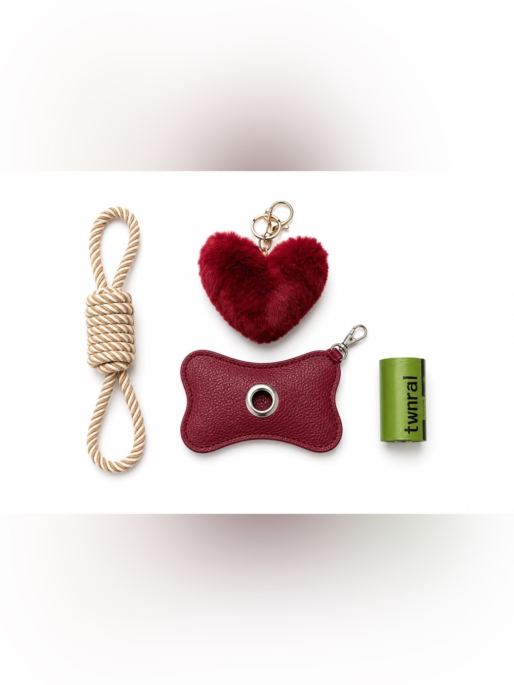 Dog Walking Gift Set | Rope Toy, Poop Bag Holder & Heart Keychain | New